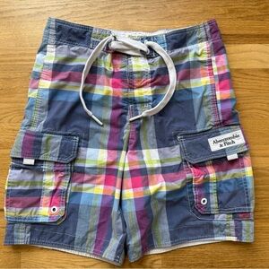 Abercrombie Mens Mesh Lined Polyester Blend Colorful Plaid Swim Trunk Shorts S